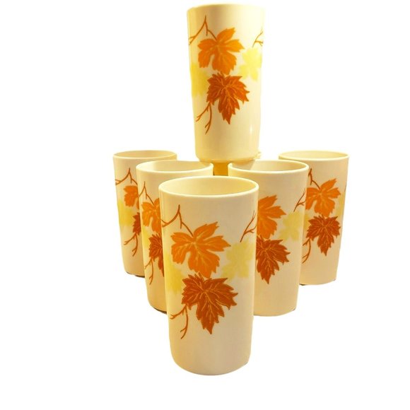 GothamWear set of  6 VTG  AUTUMN LEAF TUMBLERS Brown Yellow Orange 1 BONUS cup - Picture 1 of 7